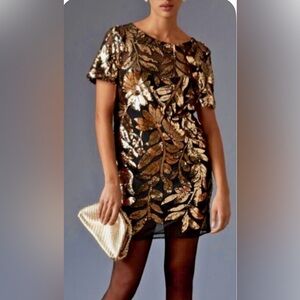 Anthropologie Maeve Sequinned Short-Sleeve Mini Dress. Party. Gold & black. S